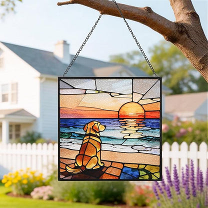 Hanging Stained Glass for Window Dog Suncatcher, Sun Catchers for Outdoor Decoration, Golden Retriever Garden Decor, Gifts for Women, Lovers, Couple, Friend, Bestie