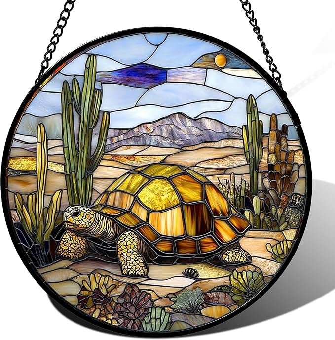 Stained Glass Window Hanging Golden Turtle Cactus Landscape 9.8" - Suncatcher Door Garden Sunroom Sun Catcher Home Decor Birthday Christmas for Mom Men Woman Nana