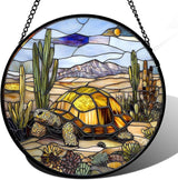 Stained Glass Window Hanging Golden Turtle Cactus Landscape 7.8" - Suncatcher Door Garden Sunroom Sun Catcher Home Decor Birthday Christmas for Mom Men Woman Nana