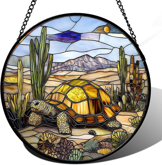 Stained Glass Window Hanging Golden Turtle Cactus Landscape Large 15" - Suncatcher Door Garden Sunroom Sun Catcher Home Decor Birthday Christmas for Mom Men Woman Nana