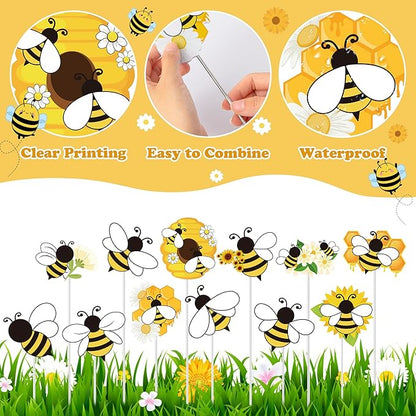 Bee Garden Stake Decor - 12 Pcs Yellow Working Bee Art Stick Floral Picks Garden Yard Metal Decorative Stake Sign Spring Summer Outdoor Backyard Pathway Lawn Plant Flower Pots Decoration