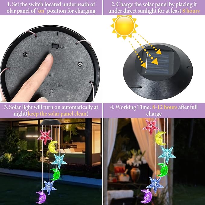 Solar Wind Chimes Outdoor Color Changing Hanging Waterproof Stars Lights Sun and Moon Decor Gifts for Mom Grandma Sister Powered Mobile for Outdoor Garden Patio Yard Window Indoor