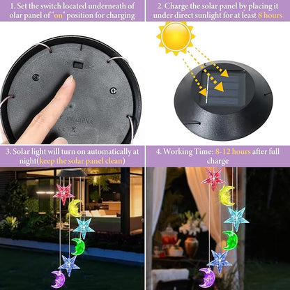 Solar Wind Chimes Outdoor Color Changing Hanging Waterproof Stars Lights Sun and Moon Decor Gifts for Mom Grandma Sister Powered Mobile for Outdoor Garden Patio Yard Window Indoor