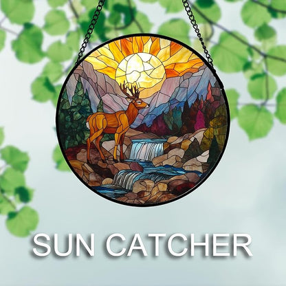 CHATYOUNG Stained Glass Window Hanging Sunset Forest River Elk Deer Large 11.8" - Mountain Suncatcher Door Garden Sun Catcher Decor Birthday Christmas for Woman Men Nana Friend Mom