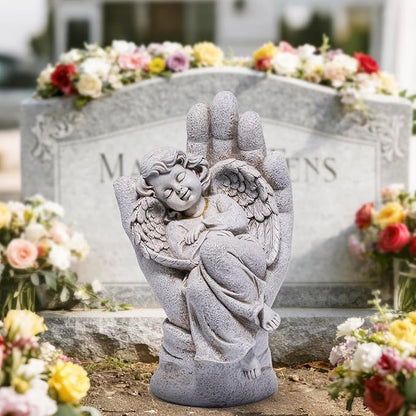 basen Guardian Angel Statue in Hand, Memorial Angel Garden Statue for Outdoor Yard Lawn Patio, Resin Angel Figurine Decoration for Grave Cemetery Remembrance, Sympathy Gift Decor