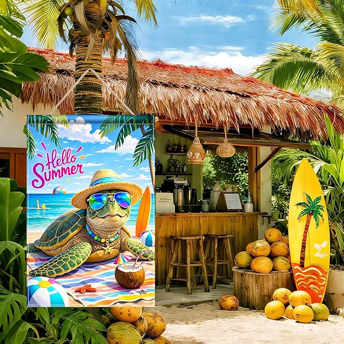 BlissYard Hello Summer Sea Turtle Garden Flag 12x18 Double Sided Vertical Outdoor Decor Beach Ocean Tropical Yard Garden Lawn Patio Welcome Banner