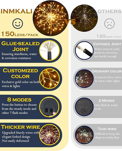 Solar Garden Lights Outdoor Yard Decorations, 8 Pack 150Leds Pathway Lights, Fairy Firework Stake Light for Garden, Patio, Pathway, Flowerbed Gold Color