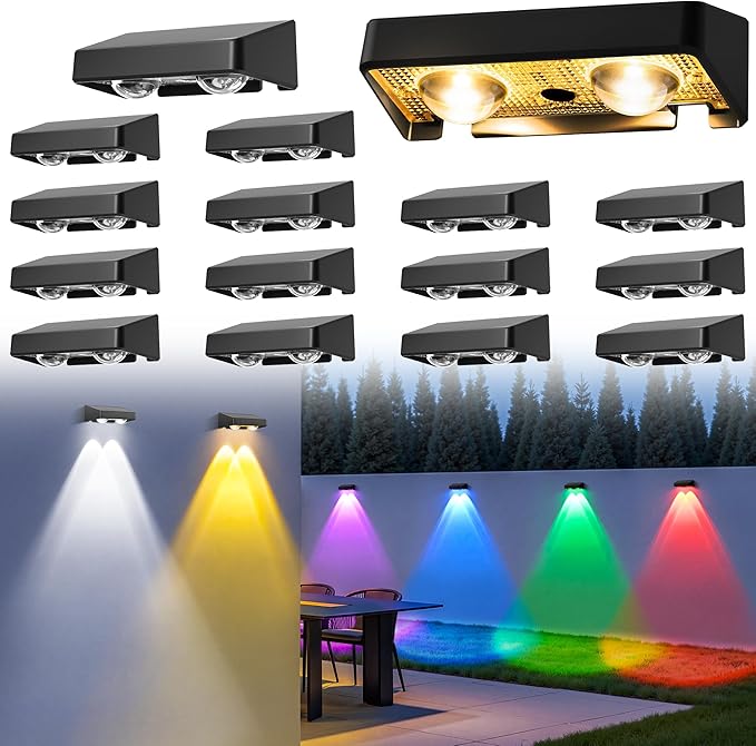 Solar Fence Lights Outdoor 16 Pack, 50 LM 11 Modes & 9 Colors Solar Lights with Brighter LED Focus Lens Waterproof IP65 for Wall Backyard Deck Patio Porch Step Railings Pool Decor
