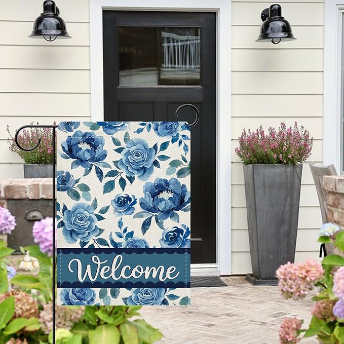 Dyrenson Blue Floral Welcome Decorative Garden Flag, Watercolor Rose Peony Flowers Yard Outside Home Decoration, Spring Summer Burlap Outdoor Small Decor Double Sided 12 x 18
