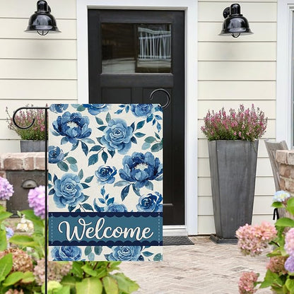 Dyrenson Blue Floral Welcome Decorative Garden Flag, Watercolor Rose Peony Flowers Yard Outside Home Decoration, Spring Summer Burlap Outdoor Small Decor Double Sided 12 x 18