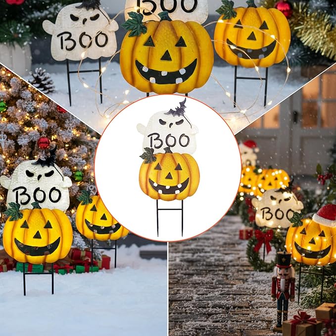 Metal Halloween Yard Stakes, Halloween Decorations Outdoor with Ghost Pumpkin, Jack-o-Lantern Stacked Garden Stakes Lawn Gift for Party Pathway Porch Patio Decor, 25“