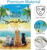 Summer Garden Flag Hello Sunshine Dog Cats Beach Double Sided Burlap 12x18 Inche for Porch Lawn Yard Outdoor and Home Decor