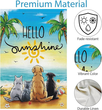 Summer Garden Flag Hello Sunshine Dog Cats Beach Double Sided Burlap 12x18 Inche for Porch Lawn Yard Outdoor and Home Decor