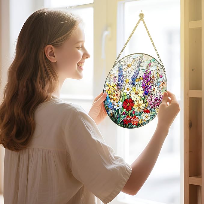 Stained Glass Window Hanging, 8 Inch Wildflower Stained Glass Suncatcher, Suncatchers for Windows Hanging, Wildflower Window Decor, Florist Gift, Flower Lover Gifts, Gifts for Mom, Grandma