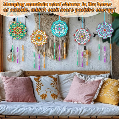 Amyhill 16 Sets Mandala Wind Chimes Craft Kit Make Your Own Mandala Wind Chime DIY Unfinished Wood Hanging Ornaments Coloring Painting Craft Kits for Gifts Adult Party Birthday Activity Home Decor