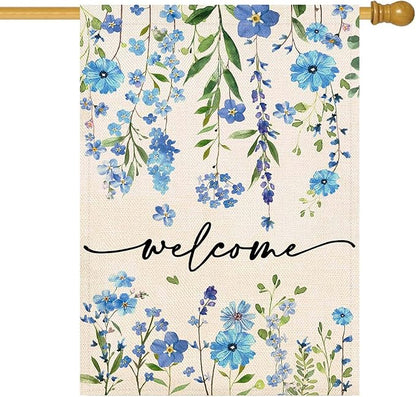 Baccessor Summer Welcome House Flag 28 x 40 Inch Funny Blue Floral Spring Garden Yard Flag Burlap Double Sided Vertical Seasonal Farmhouse Wedding Outdoor Decoration