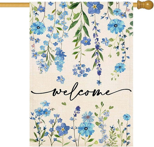 Baccessor Summer Welcome House Flag 28 x 40 Inch Funny Blue Floral Spring Garden Yard Flag Burlap Double Sided Vertical Seasonal Farmhouse Wedding Outdoor Decoration