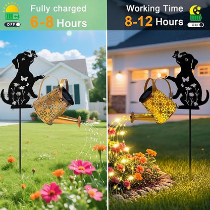 Garden Decor for Outside - Solar Watering Can with Lights, Metal Dog Silhouette Stake with Cascading Waterfall LEDs, Waterproof Yard Art for Lawn Patio, Unique Gardening Gifts for Women Mom 2 Pack