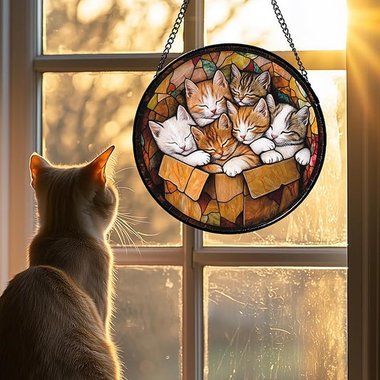 Stained Glass Window Hanging 6 Cute Kittens 6.3" - Cat Gift Suncatcher Door Sun Catcher Decor Birthday Christmas for Lost Pets Mom Men Woman Friend