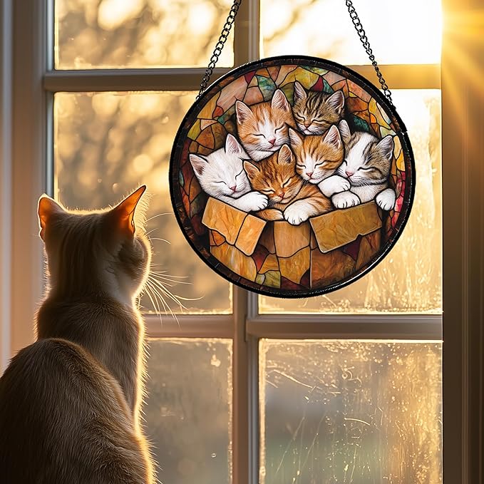 Stained Glass Window Hanging 6 Cute Kittens Large 11.8" - Cat Gift Suncatcher Door Sun Catcher Decor Birthday Christmas for Lost Pets Mom Men Woman Friend