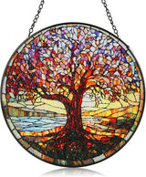 Stained Glass Window Hanging, 8 Inch Tree of Life Stained Glass Suncatchers for Indoor Windows Wall Kitchen Home Room Decor Ornaments Gifts for Women Mom Grandma Birthday Mother's Day