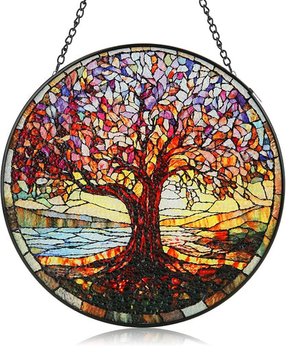 Stained Glass Window Hanging, 8 Inch Tree of Life Stained Glass Suncatchers for Indoor Windows Wall Kitchen Home Room Decor Ornaments Gifts for Women Mom Grandma Birthday Mother's Day