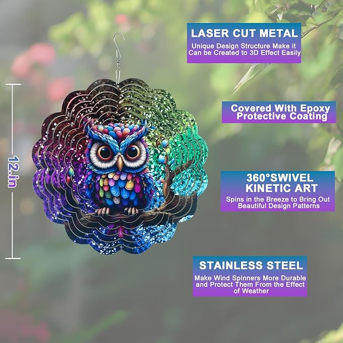 Wind Spinner Mandala 12 inch 3D Stainless Steel Laser Cut Metal Art Geometric Pattern Hanging Wind Spinner (Dreamy Owl)