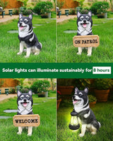 Husky Welcome Light with Solar Lantern & Double-Sided Sign, Sitting Black & White Husky Sculpture for Entry Shelf, Patio & Garden Edge