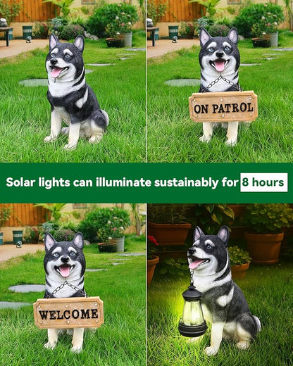 Husky Welcome Light with Solar Lantern & Double-Sided Sign, Sitting Black & White Husky Sculpture for Entry Shelf, Patio & Garden Edge