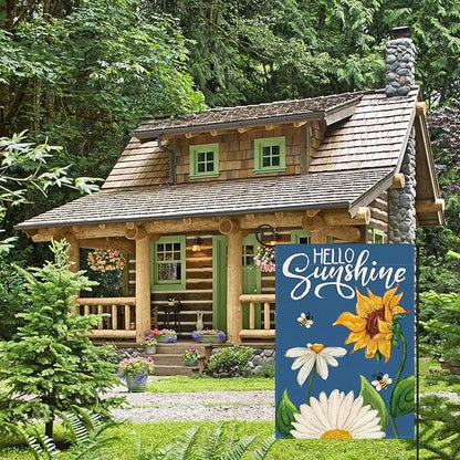 AVOIN colorlife Daisy Sunflower Hello Sunshine Garden Flag 12x18 Inch Double Sided, Summer Seasonal Holiday Burlap Yard Outdoor Decoration Blue