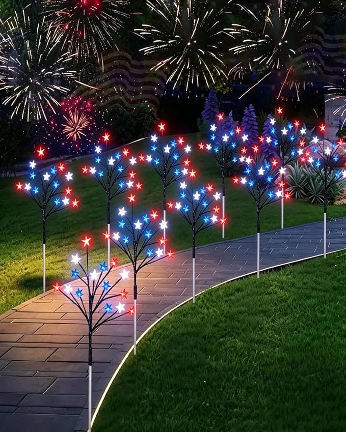 8 Piece Solar US Flag Light Set, American Flags Pole Pathway Lights, Outdoor Garden IP66 Waterproof Patriotic LED Star Stake with 8 Lighting Modes for 250th Anniversary, 4th of July Decoration