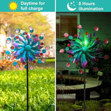 Solar Wind Spinner Outdoor - Metal Kinetic Wind Sculptures with Sparkling Jeweled Ornaments, Blue & Purple Gradient Dual-Direction Spinner, Solar LED Glass Ball Yard Art for Garden Patio Decor