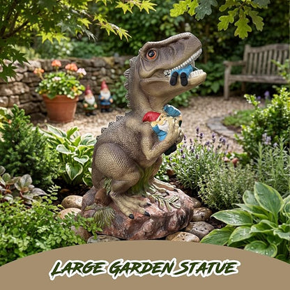 PARTYGEARS Dinosaur Statue with Gnomes, 16“ Large Outdoor Garden Statues Yard Decor, Funny Dinosaur Holding Gnomes Figurines for Patio Lawn, Weatherproof Gnome Decorations for Home, Unique