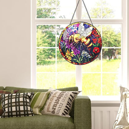 Bee and Flowers Stained Glass Window Hanging Suncatcher with Chain - 7.9" Outdoor/Indoor Art Decor for Home Garden, Wedding, Mother's, Thanksgiving, Valentine's & Christmas Ornaments Present