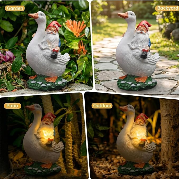Garden Gnomes Outdoor, Funny Lawn Gnome Statue Decorations, Solar Gnome Riding Goose Figurines Ornament for Patio, Balcony, Yard - Mothers Day Gifts for Women, Mom, Grandma