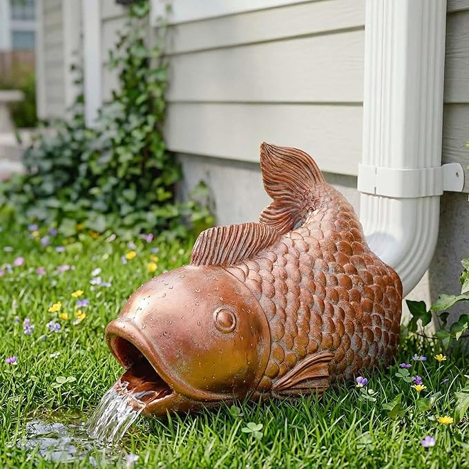 Real Koi Gutter Downspout Extender Statue, Garden Ornament, Fish Decorative Gutter Extension Downspout, Perfect Rain Diverter for 3"x4" Downspouts, Eco-Friendly Resin, Outdoor Decor Gift