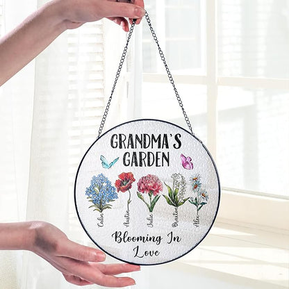 Personalized Grandma’s Garden Stained Glass Window Hanging Ornament, Custom Birth Month Flowers with Kids’ Names, Grandma Love Grows Here Floral Art, for Mom Grandma