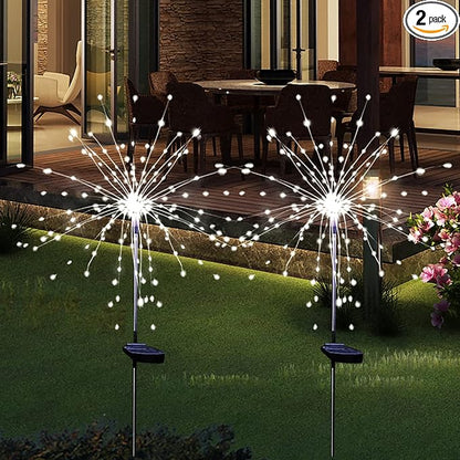 Solar Garden Firework Lights Outdoor Waterproof, 2 Pack Solar Powered Art Stake Twinkle Lighting for Outside Decor, 120 LED Sparklers String Lights for Yard Pathway Decorations(White)