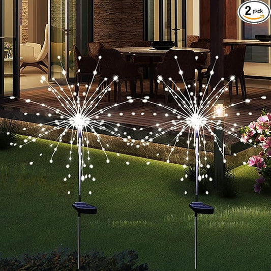 Solar Garden Firework Lights Outdoor Waterproof, 2 Pack Solar Powered Art Stake Twinkle Lighting for Outside Decor, 120 LED Sparklers String Lights for Yard Pathway Decorations(White)