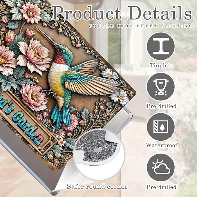 Custom Garden Signs Personalized Metal Tin Sign for Women, Retro Hummingbird Metal Sign for Outdoor, Patio, Yard Home Decor Gift for Mothers Day, Grandmas, and Gardening Lovers