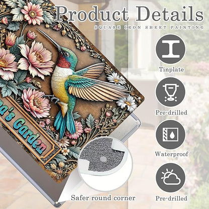 Custom Garden Signs Personalized Metal Tin Sign for Women, Retro Hummingbird Metal Sign for Outdoor, Patio, Yard Home Decor Gift for Mothers Day, Grandmas, and Gardening Lovers