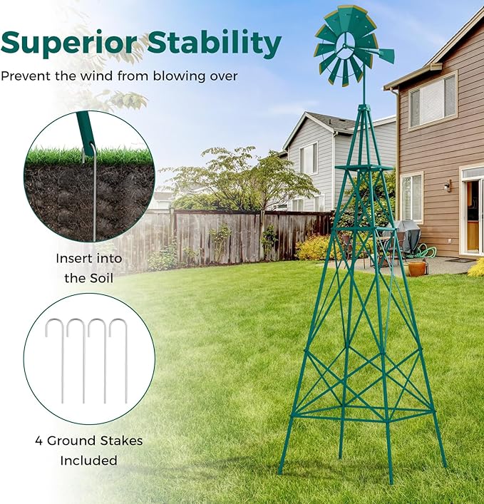 Tangkula 8.3FT Windmill Yard Garden Metal Ornamental Wind Mill Weather Vane Weather Resistant (Green)