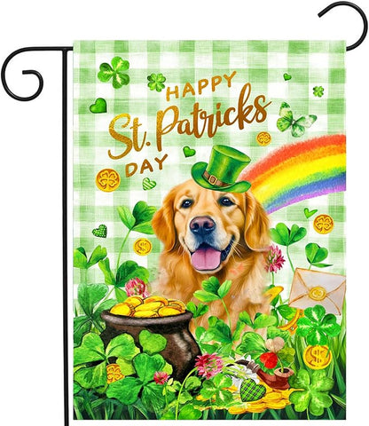 Golden Retriever St Patricks Day Garden Flag Dog St Patrick's Day Yard Flags for Outside 12x18 Double Sided Buffalo Plaid Shamrock Flag Small Outdoor Rainbow St Patrick's Decor