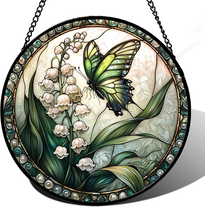 DASTOLL Stained Glass Window Hanging, Lily of the Valley Flower Butterfly Suncatcher for Doors Home Sun Catchers Decoration and Christmas, Mother's Day Birthday Gifts for Women, Men, Mom 14.9x14.9 in
