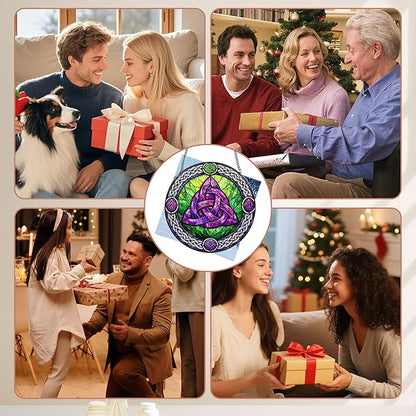 Stained Glass Window Hanging Suncatcher, 8" Round Celtic Knot Sun Catcher, Purple and Green Decorative Glass Art for Home Garden, Gift for Women Mom Gradma