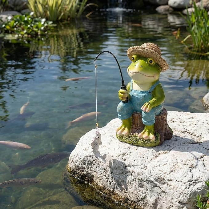 Frog Fisherboy Statue | Outdoor Garden Decor, Resin Animal Statue, Pond Ornaments, Poolside Garden Decor, Koi Fish Pond, Unique Fisherman Gifts
