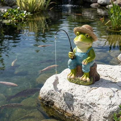 Frog Fisherboy Statue | Outdoor Garden Decor, Resin Animal Statue, Pond Ornaments, Poolside Garden Decor, Koi Fish Pond, Unique Fisherman Gifts