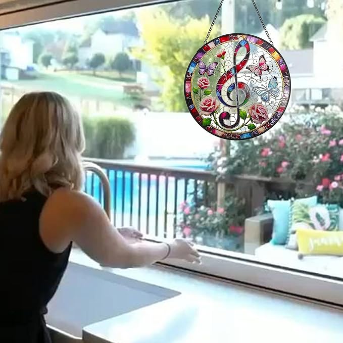 Treble Clef Stained Glass Window Hanging, 7.9'' Musical Note Suncatcher Window Decoration Music Lover Gifts