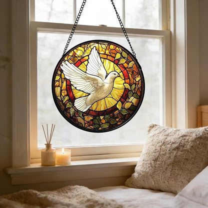 DASTOLL Stained Glass Window Hanging, Flying White Dove Sun Catchers Diamond Glass Panel Hangings Cute Birds Suncatcher Decor for Birthday for Women, Men, Wife, Aunt, and Mom 9.8X9.8 in