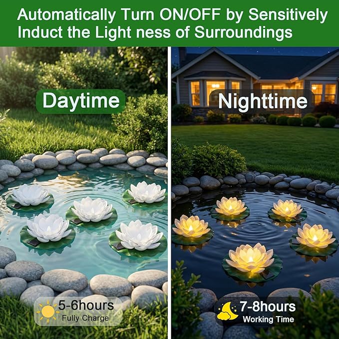 12 PCS Solar Powered Floating Lotus Lights - 7.09'' Waterproof Floating Flower Light, Solar Water Activated Pool Lotus Lamp for Garden Pond Wedding Party Decoration (White)